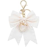 Clofiak Bow Purse Charms, Cute Bow Backpack Keychains for Women, Pearl Wristlet Keychain(Beige)