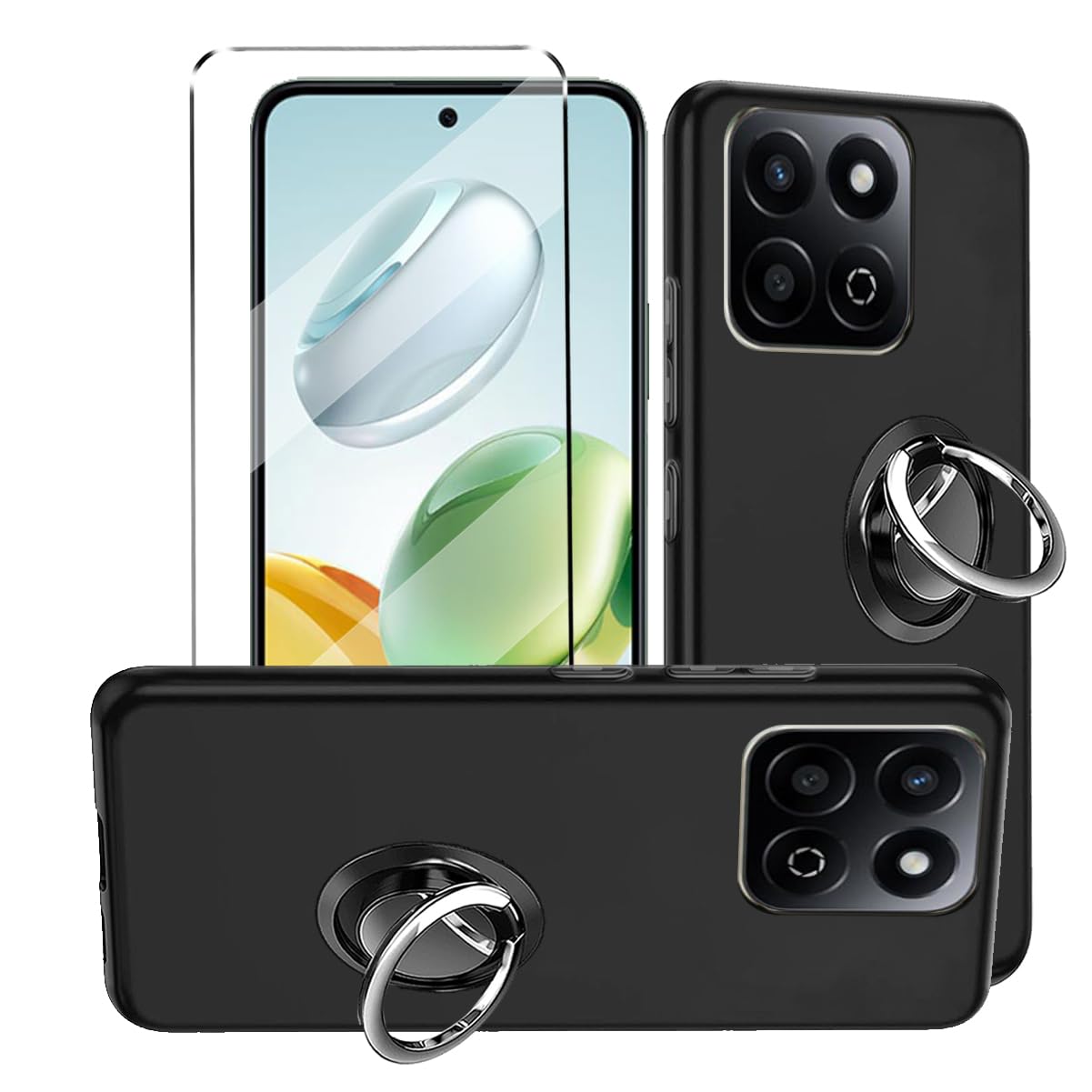 3-in-1 Case + Phone holder Ring Compatible with Honor 200 Smart Cover with 1 Pack Tempered Glass Screen Protector for Honor 200 Smart, Slim Fit Soft TPU Shockproof Anti-Scratch Phone Case - Black