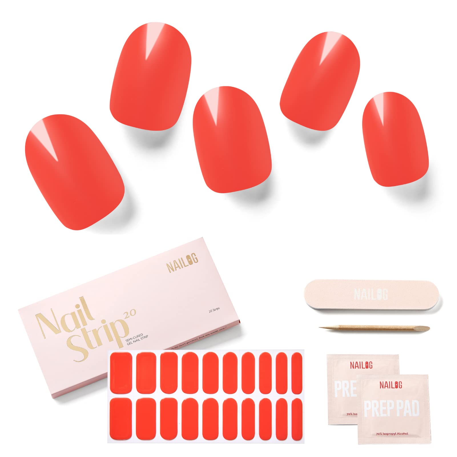 NAILOG Semi Cured Gel Nail Strips, Extra Long Nail Polish Strips (20 Pieces),UV/Led Lamps Nail Stickers with Soft Glossy Gel Finish,Watermelon Red — image 1