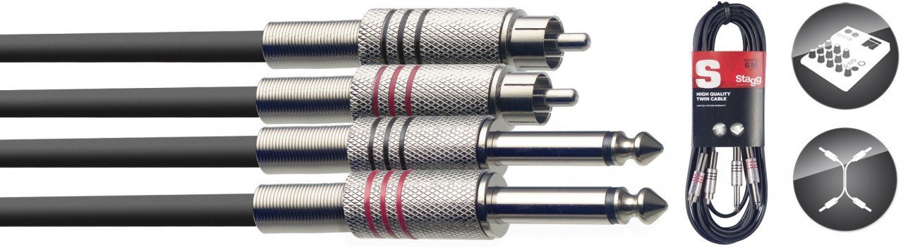 Stagg 6m 2 x Phono / RCA - 2 x 1/4" Jack Twin Cable Lead STC6PCM — image 1