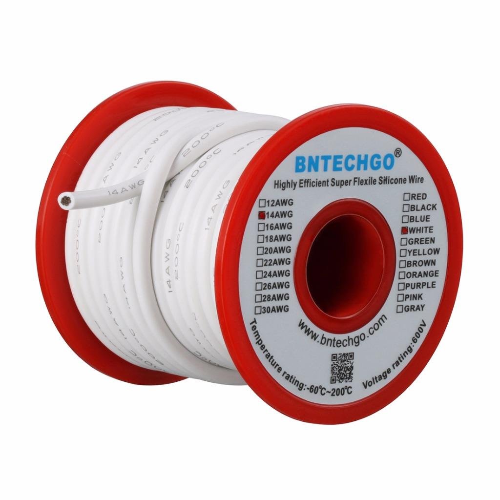 BNTECHGO 14 Gauge Silicone Wire 40 ft White Soft and Flexible High Temperature Resistant Highly Efficient 14 AWG Silicone Wire 400 Strands of Tinned Copper Wire