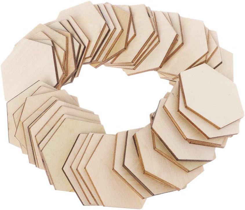 Baiyao 50 Pack of 50mm Wooden Hexagon Blank Slices Unfinished Wooden Discs Hanging Embellishments Art Crafts for DIY Crafting Wedding Christmas Display Decor Xmas Gift