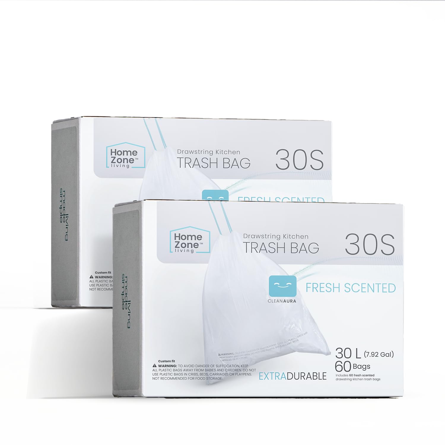 Home Zone Living 2-Pack 8 Gallon Kitchen Trash Bags with Drawstring Handles, Heavy Duty Custom Fit Design for Standard 30 Liter Kitchen Trash Cans, Code 30S, 60-Count Image