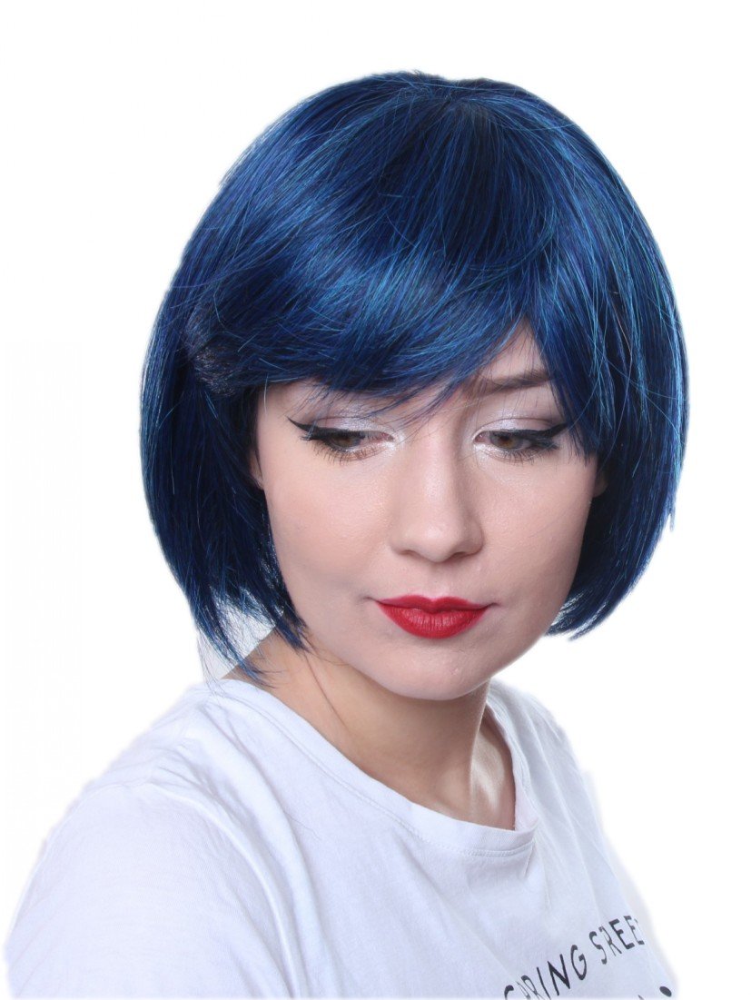 Prettyland Blue Black Short Hair BOB Cut Straight Wig with Bangs Natural Matt for Daily Life Fashion C555 — image 1