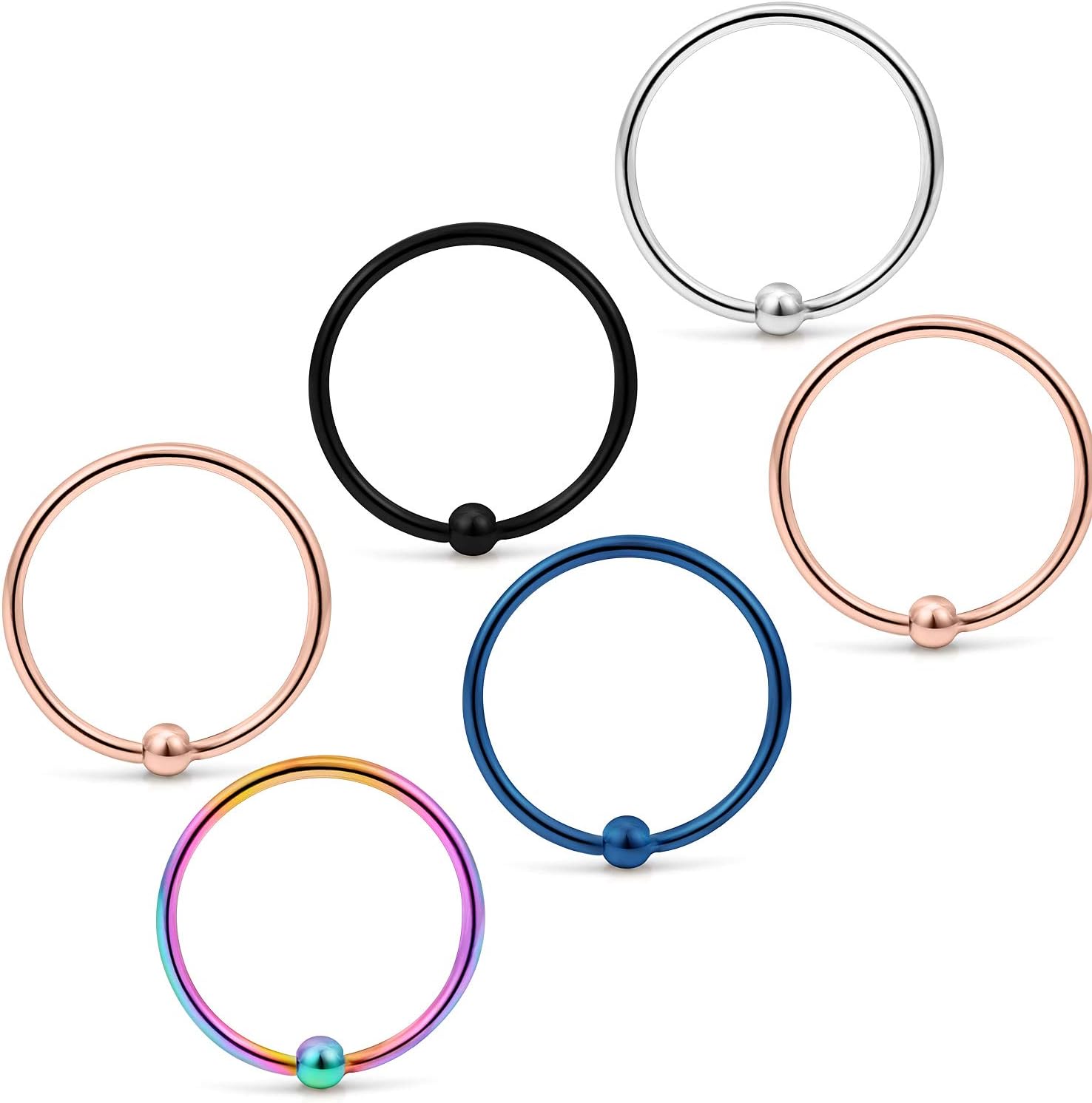 Yaalozei 6PCS-24Pcs 22G Stainless Steel Attached Captive Bead Nose Hoop Rings Eyebrow Cartilage Helix Hook Earring Septum Ring Piercing Jewelry for Men Women