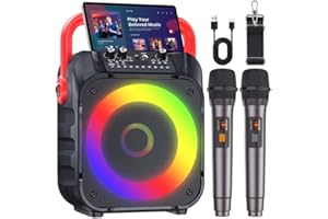 VERKB Karaoke Machine with Two Wireless Microphones, Portable Karaoke Machine for Adults & Kids, Portable Bluetooth Speaker with PA System, LED Lights, Supports TF Card/USB, AUX in, FM, USB,TWS (Red)…