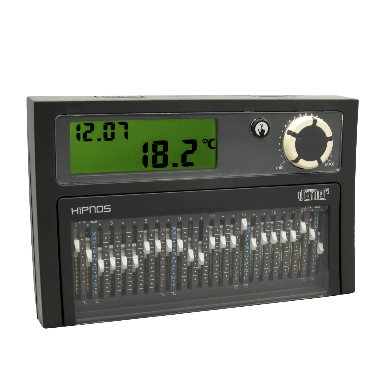 VEMER VE075800 model HIPNOS GRIGIO Daily chronothermostat with trippers and battery supply. Wall-mounting. Color grey
