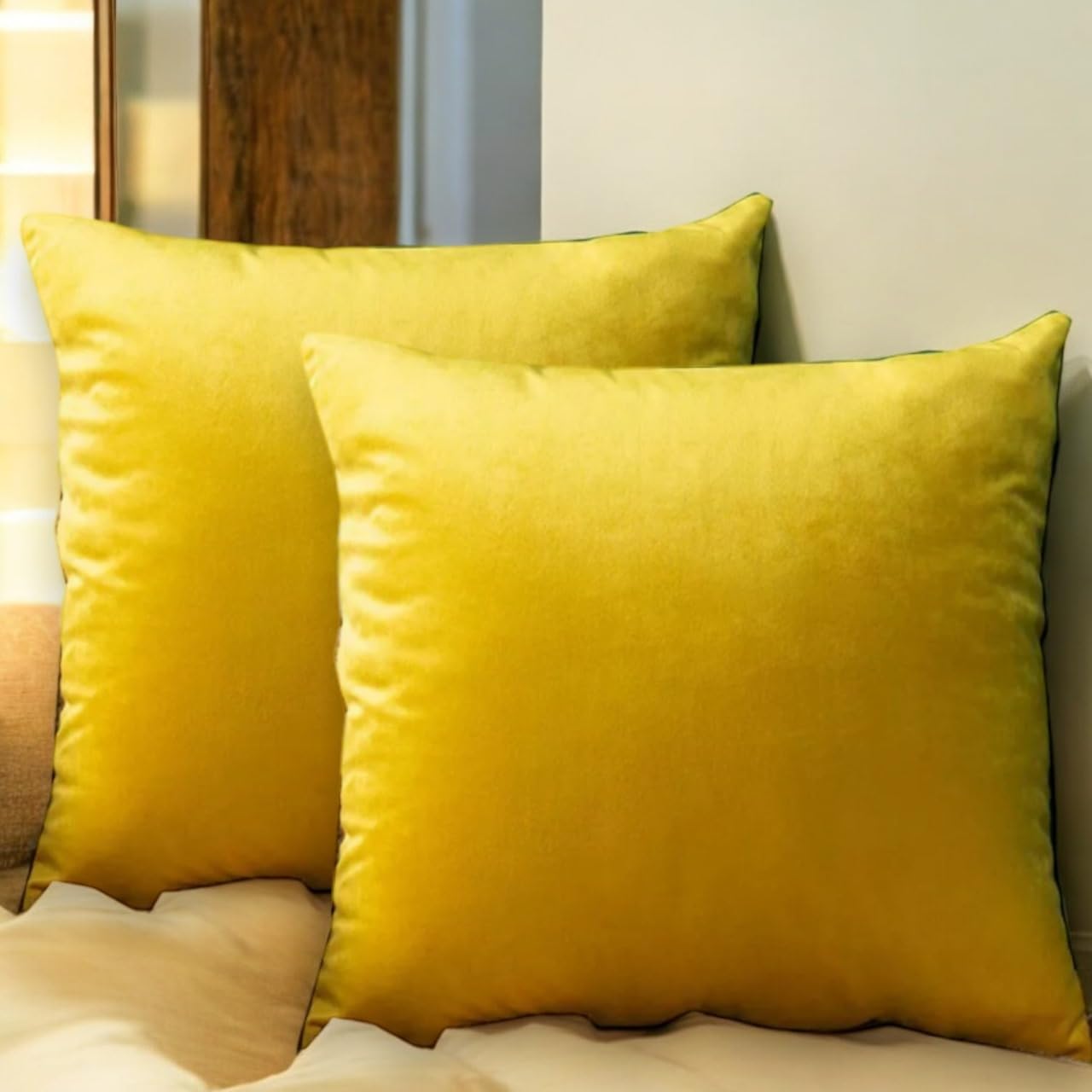 Seechoo Velvet Cushion Covers, Set of 2, 45cm x 45cm, 18x18 Inch, 17 Colours, Extra Soft Plush, Decorative, Invisible Zipper (Mustard)