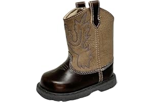 Baby Deer, Faux-leather, Rubber-soled, Kids Round Toe Western Boot for Toddler Boys or Girls with Ornamental Cowboy Stitching and Hook-and-loop Closure