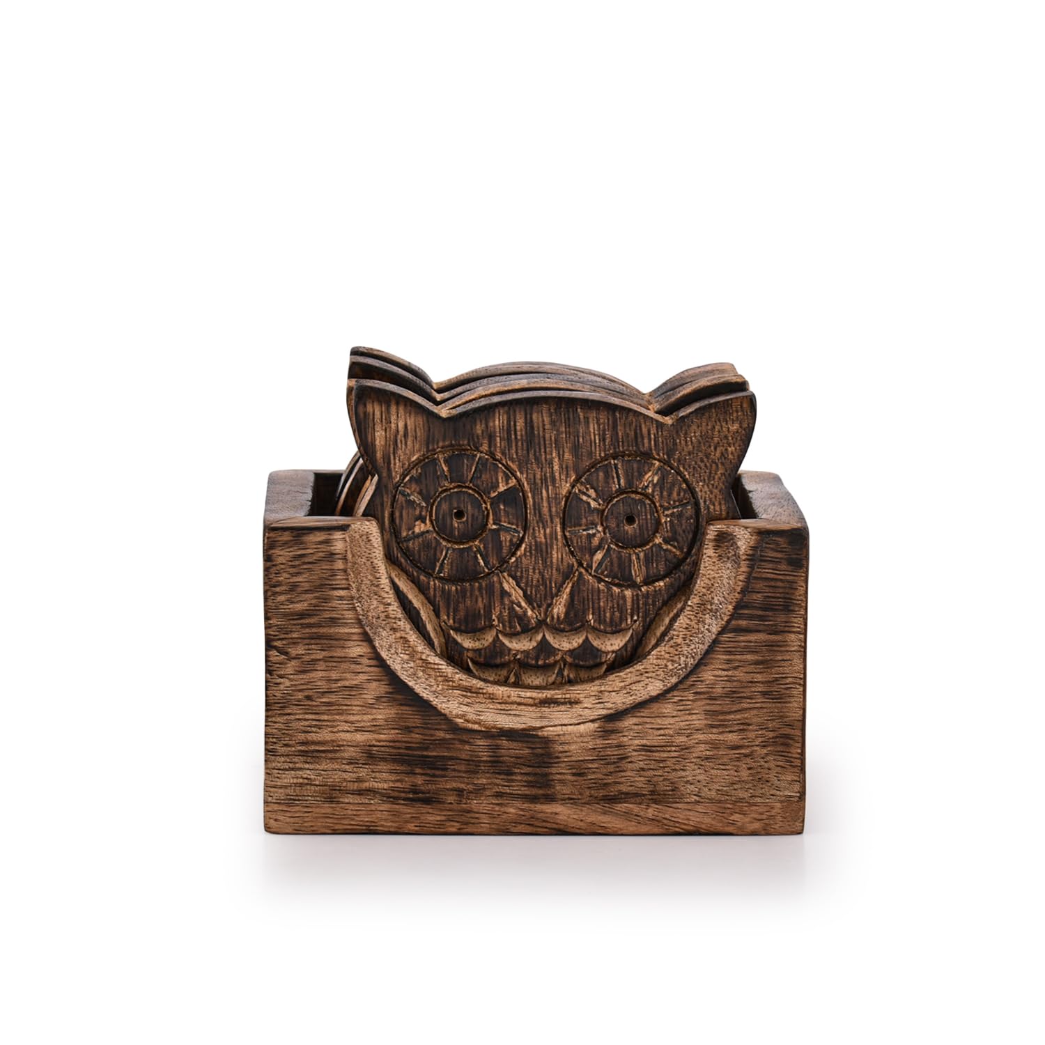 Indus Lifespace Set of 6 Adorable Owl Shaped Hand Carved Coasters for Drinks with Holder, 8.89cm