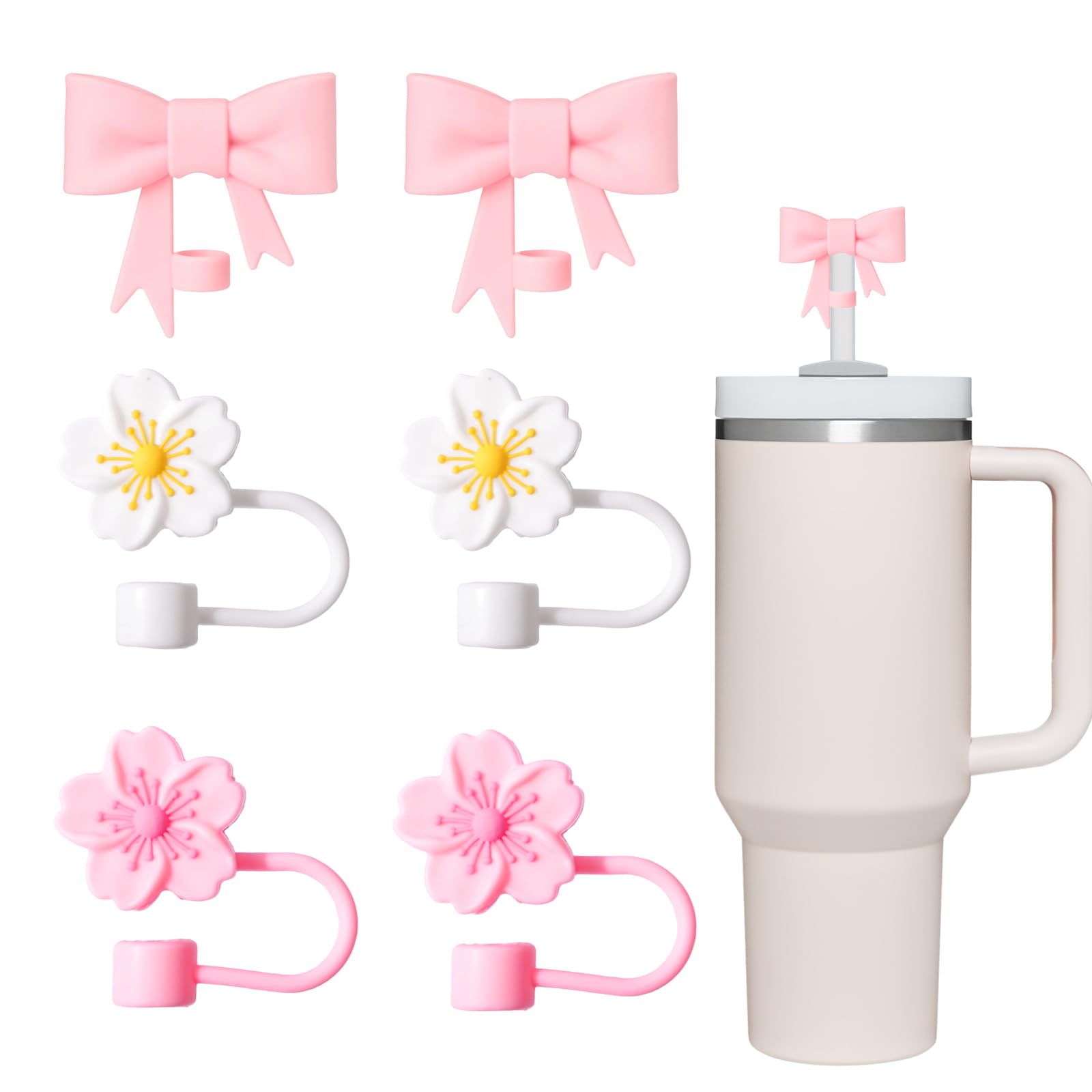 Benaewa 6 Pcs Straw Cover for Stanley 30&40 Oz Tumbler Cups, 10mm Silicone Straws Toppers, Reusable Straw Accessories with Pink Bow, Flower