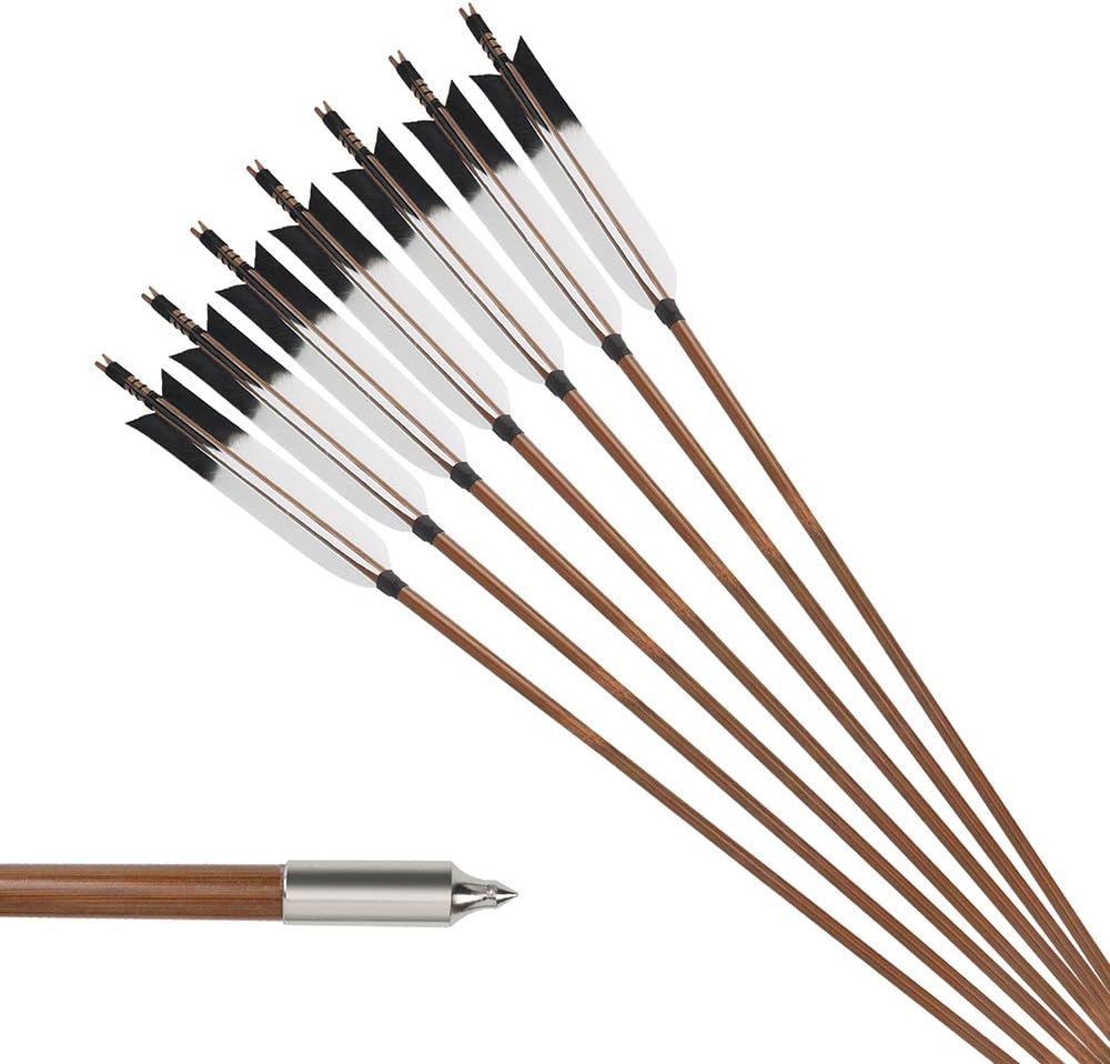 PG1ARCHERY Bamboo Arrows, 12 Pack Practice Target Arrow Handmade Self Nock Feather Fletched 6.2" Vane for Longbow Traditional & Recurve Bow Gray White : Sports & Outdoors