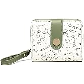Sunwel Fashion Kid's Wallet Prints Kawaii Cat Wallets with Exterior Zipper Around Coin Purse Bill Wallet with ID Card Slots (GREEN)