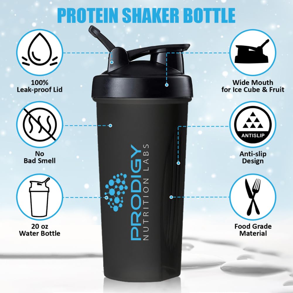 Protein Shaker 20oz Large Shaker Bottle Perfect for Workout Supplements, Protein powder, Sports drinks, BCAA'S, Meal Replacement, BPA Free, for Fitness Enthusiasts Athletes - Black