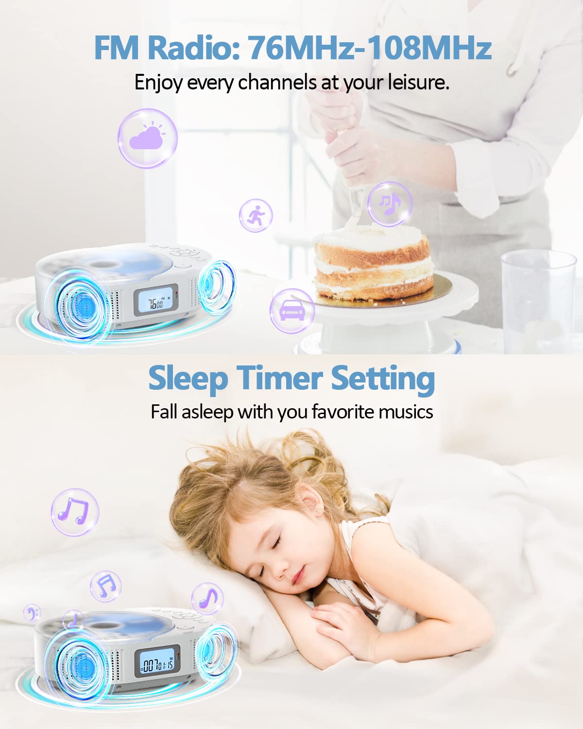 CD Player Portable, FELEMAN Upgraded Boombox CD Player & Bluetooth Speaker 2 in 1 Combo, Rechargeable Portable CD for Car/Home with Remote Control, FM Radio, Support AUX/USB, Headphone Jack