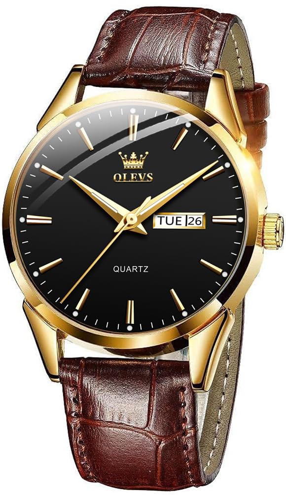 OLEVS Men Watch Brown Leather Strap Large Black Face Analog Quartz Classic Dress Date Luminous Waterproof Gents Wrist Watch