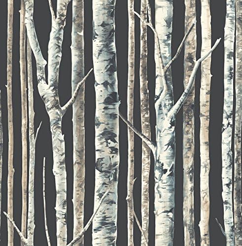 Birch Wallpaper (Noir) Black Blue White Trees Forest Contemporary Double Roll
