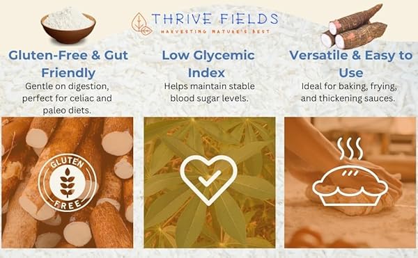 THRIVE FIELDS CASSAVA FLOUR – ALL-PURPOSE YUCA ROOT FLOUR FOR BAKING – GRAIN AND NUT FREE, NON GMO – GREAT FOR TORTILLAS, PANCAKES, PASTA, COOKING & MORE – 2 LB BAG