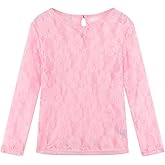 Noomelfish Girls Lace Long Sleeve Layering Tops Sheer Mesh Tee Shirts Blouse (5-12 Years)