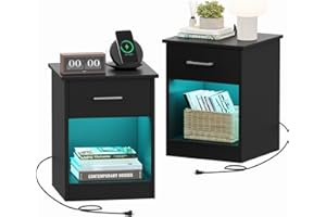 Reettic Set of 2 Nightstand with Power Outlets and LED Strip, Sofa Side Table with Charging Station and USB Ports, Wooden End Table, A Drawer & Opening Shelf, Black RCTG101BEL-2