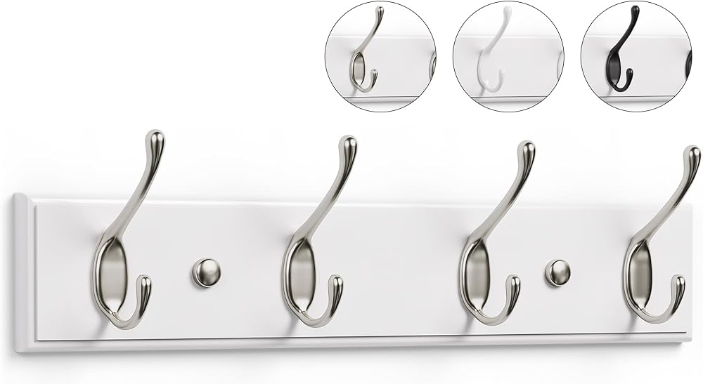 LARHN White Coat Hooks Wall Mounted Rack 4 Matt-Nickel 42 cm All Fixings