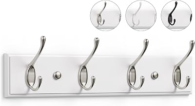 LARHN White Coat Hooks Wall Mounted Rack 4 Matt-Nickel 42 cm All Fixings