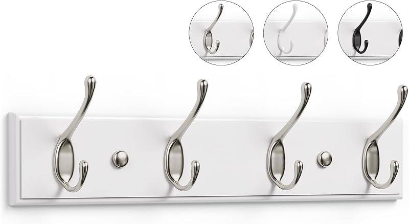 LARHN White Coat Hooks Wall Mounted Rack 4 Matt-Nickel 42 cm All Fixings