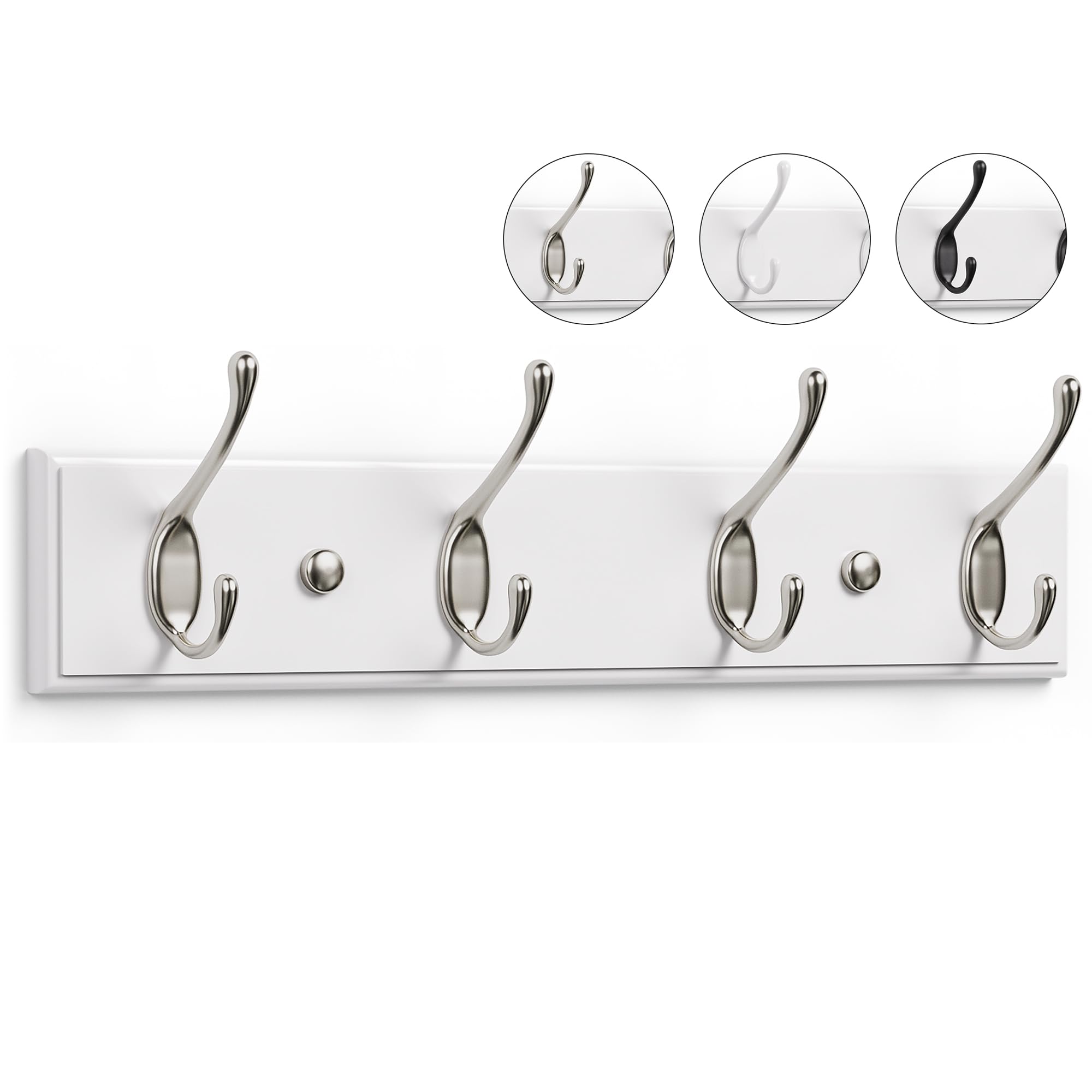 LARHN White Coat Hooks Wall Mounted Coat Rack - 4 Matt-Nickel Wall Hooks - 42 cm - All Fixings Included for Quick & Easy Installation