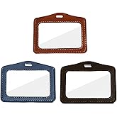 3 Pcs Leather ID Badge Holder with Dual-Side Clear Window ID Card Holder Waterproof Name Badge Holde for Women and Men, Horizontal Badge Holder Suit for Offices, Staff, Students, Employees