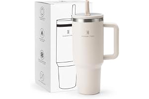 Copo Térmico 1,18L em Aço Inoxidável com Canudo, Tampa e Alça (2ª Creme) | Tampa antivazamento e isolamento a vácuo de parede dupla, mantém bebidas frias por até 30h e quentes por até 8h.