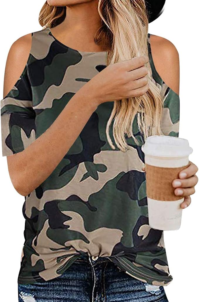 Camiseta Hombros Descubiertos Leopardo Camuflaje Mujer Oversize Talla