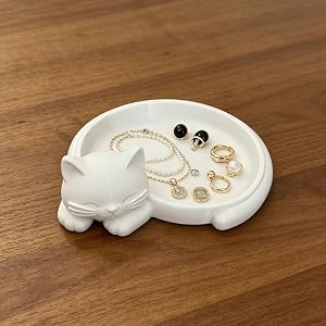 Cat Ring Holder Trinket Tray Plastic Jewelry Dish Porcelain Ring Organizer Gift for Women,Girlfriend or Valentine's Day(White