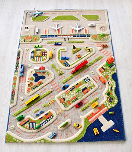 IVI Mini City Exclusive Thick 3D Kids Car Rug in a Colourful Town Design with 3 Dimensional Aiport, Car Parks and Roads, Multicolor