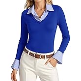 Tankaneo Womens Long Sleeve Polo Shirts Business Casual Work Tops Slim Fit V Neck Collared Patchwork Fall Outfits