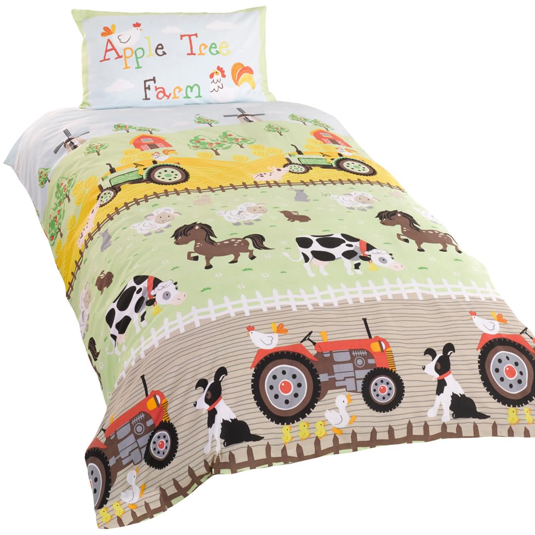 Rapport Home Single Duvet Cover Set & Pillowcase - Farm Animals & Tractors Multi-Colour Polycotton Bedding for Cot Beds 135x200cm Kids Boys Girls Easy Care