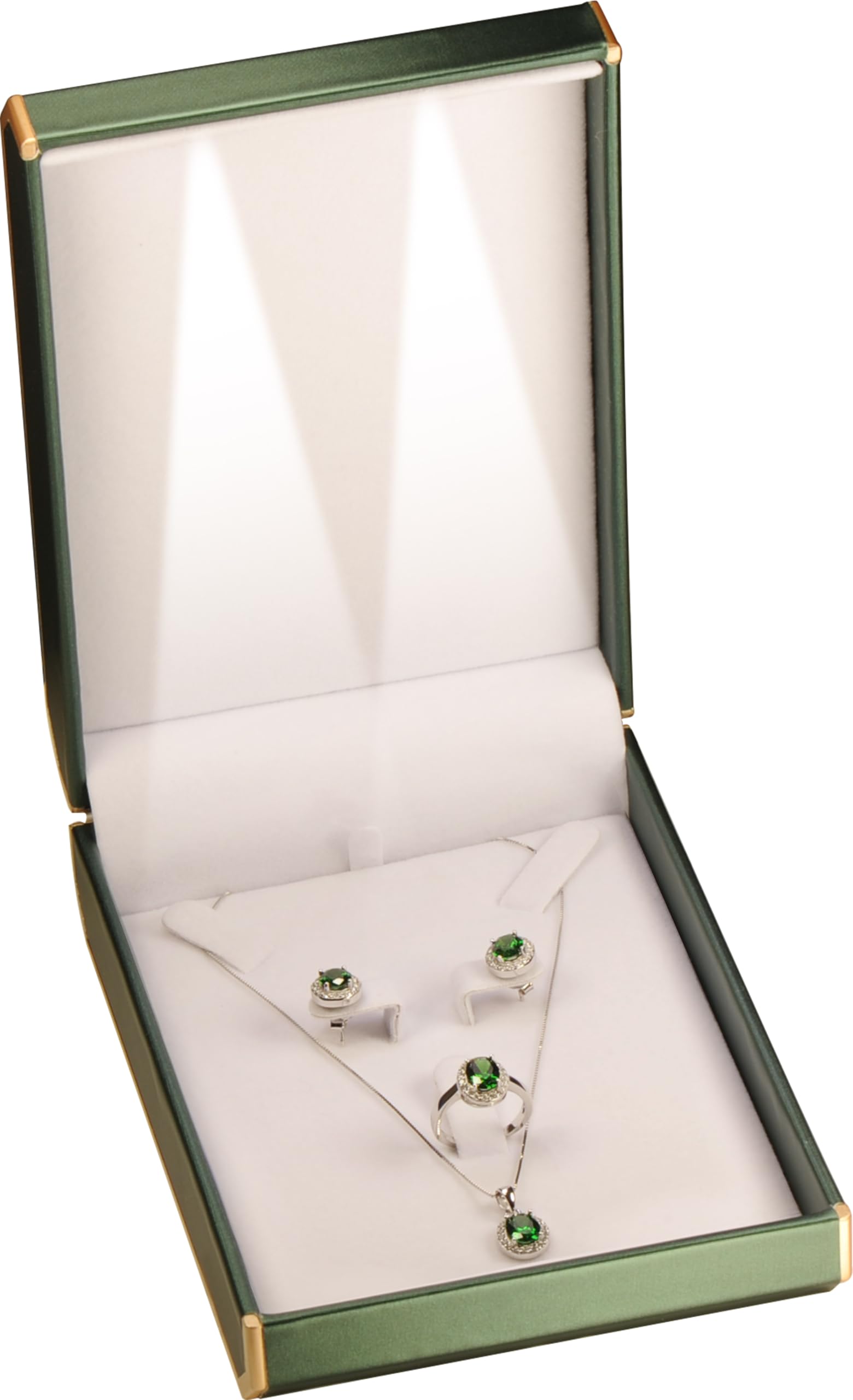 Photo 1 of LED Necklace Pendant Ring Box for Engagement, Wedding… Octagonal Design with Gold Trim PU Leather Necklace Earrings Ring Sets Jewelry Gift Holder Box with Light for Men for Women (1, Green)