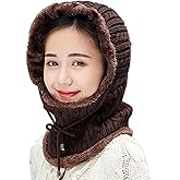 Women Winter Beanie Hats One-Piece Fleece Lined Knit Balaclavas Mask Set Skull Neck Circle Scarf Ski Snow Hat Cap with Pompom