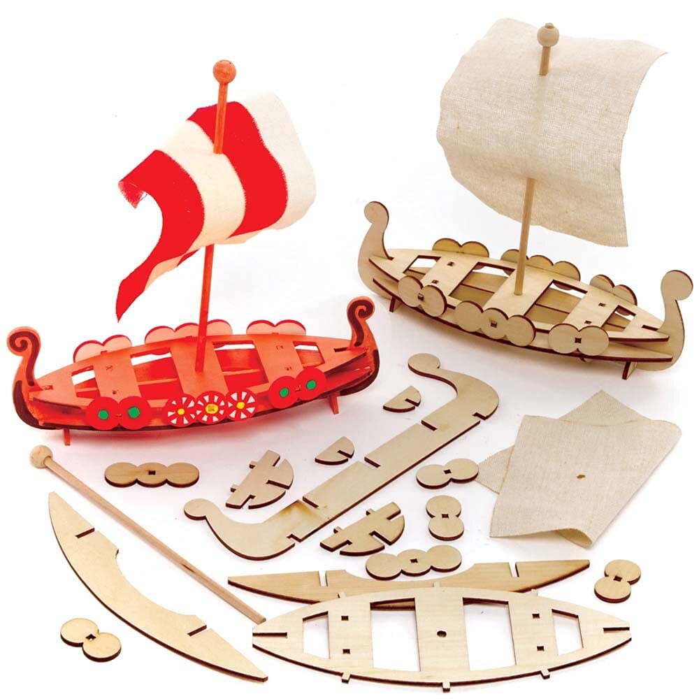 Baker Ross FE627 Roman Ship Wooden Kits - Pack of 3, Wooden Crafts for Children to Decorate and Display, Kids Educational Activity, White