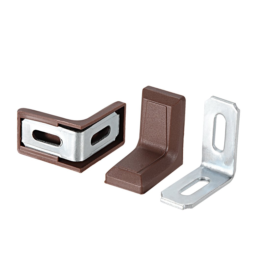sourcing map 29mmx29mmx18mm Metal Plastic L Shaped Angle Bracket Shelf Corner Brace Plate Brown, Pack of 30