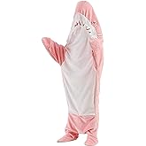 ZPECC Shark Blanket Onesie Hoodie - Wearable Shark Costume Pajamas with Fins, Cozy Flannel Animal Blanket for White Elephant Gift Movie Night Party (Pink,L)