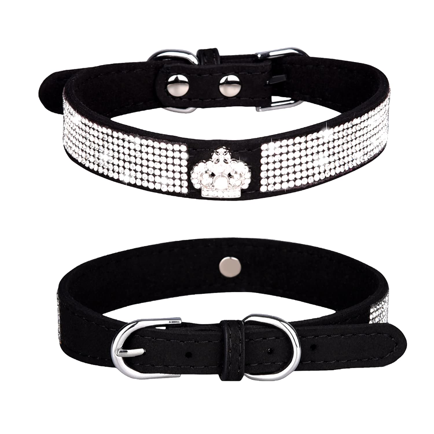 Haoyueer Rhinestone Dog Collar, Cute Dazzling Sparkling Soft Suede Leather Dog Cat Rhinestone Collar Crystal Diamond Pet Dog Puppy Collar (L, Black-4)