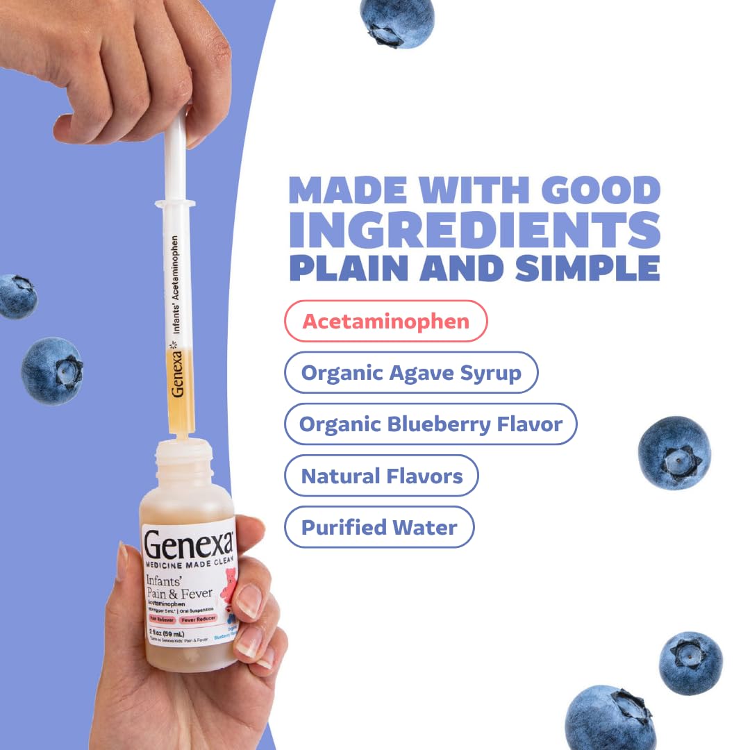 Genexa Infants' Clean Acetaminophen | Pediatrician Preferred Ingredients | Pain Reliever & Fever Reducer for Babies | Dye Free, 0% Artificial Additives | Delicious Organic Blueberry Flavor, 2 fl oz