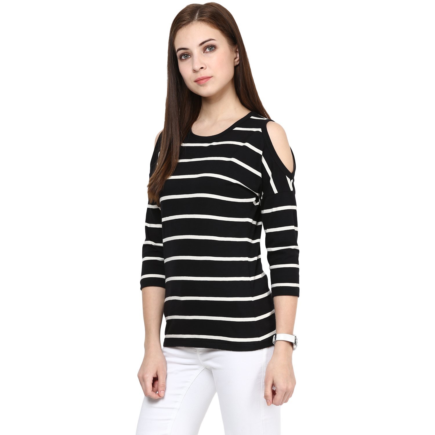 hypernation black and white stripe round neck cotton t-shirt for women