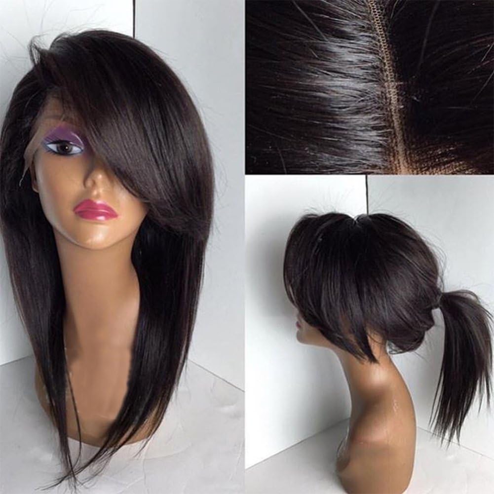 Fantasy Beauty Glueless Short Wig With Side Bangs Full Lace Human Hair Wigs Bob Style For Black Women Brazilian Virgin Hair Bob Lace Front Wig (14, Lace front wig)