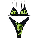 JUMISEE Women Skull Letter Pattern Goth Bikini Set 2 Piece High Waist Bandeau Swimsuit