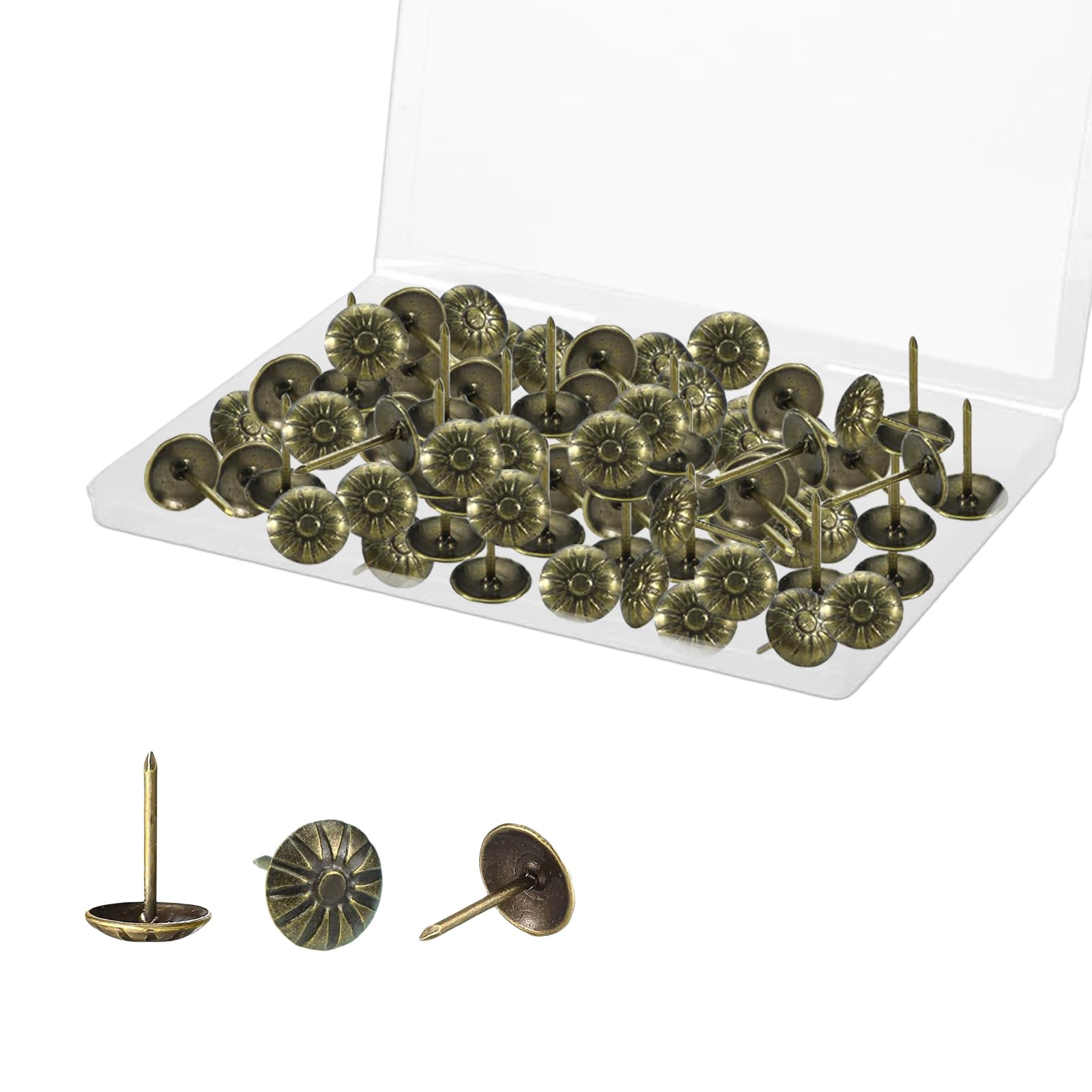 Sicheii 11 x 16 mm Upholstery Tacks for Furniture with Box, 100Pcs Daisy Decorative Tacks Nail Heads, Antique Thumb Tacks for Wood, Upholstery Nails Pins Pushpin for Sofa Decor DIY Supplies