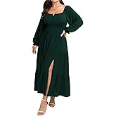 SCOMCHIC Womens Plus Size Formal Dress Fall Long Sleeve Square Neck Flowy A Line Tiered Side Split Wedding Guest Maxi Dress