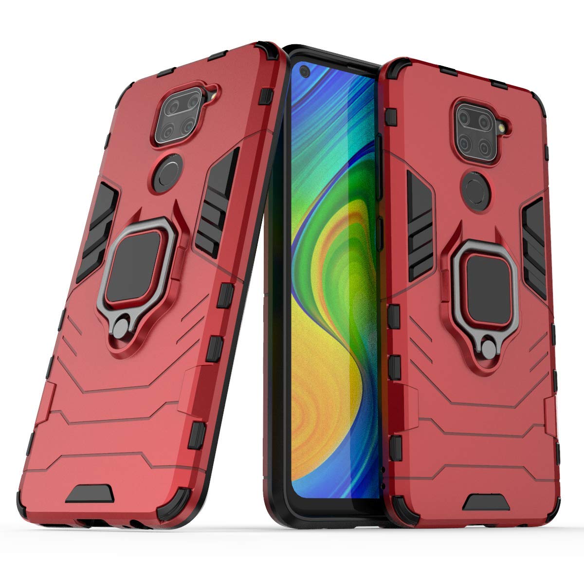 MRSTER Xiaomi Redmi Note 9 Case, Heavy Duty Armor Dual Layer Shock Resistant Hybrid Protective Case Cover with Ring Holder Kickstand for Xiaomi Redmi Note 9. HB Red