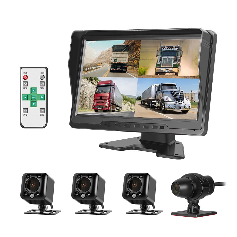 VSYSTO Truck Dash Cam 4CH, 10'' Screen Vehicle Backup Camera Front Rear Sides View 720P DVR with Infrared Night Vision Lens Wired Controller, for Semi Trailer Truck Van Tractor Pickups Camper