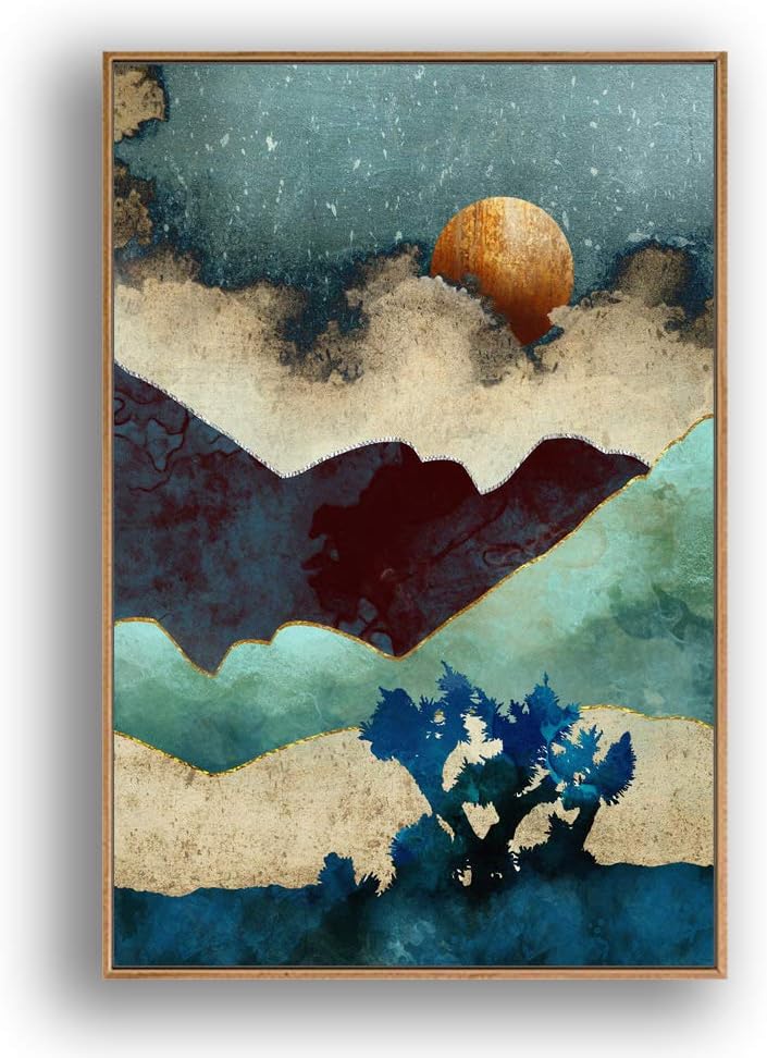 SIGNFORD Framed Canvas Print Wall Art Clouds & Moon Over Teal, Brown & Blue Desert Abstract Wilderness Digital Art Modern Art Southwest Colorful for Living Room, Bedroom, Office - 16"x24" Natural